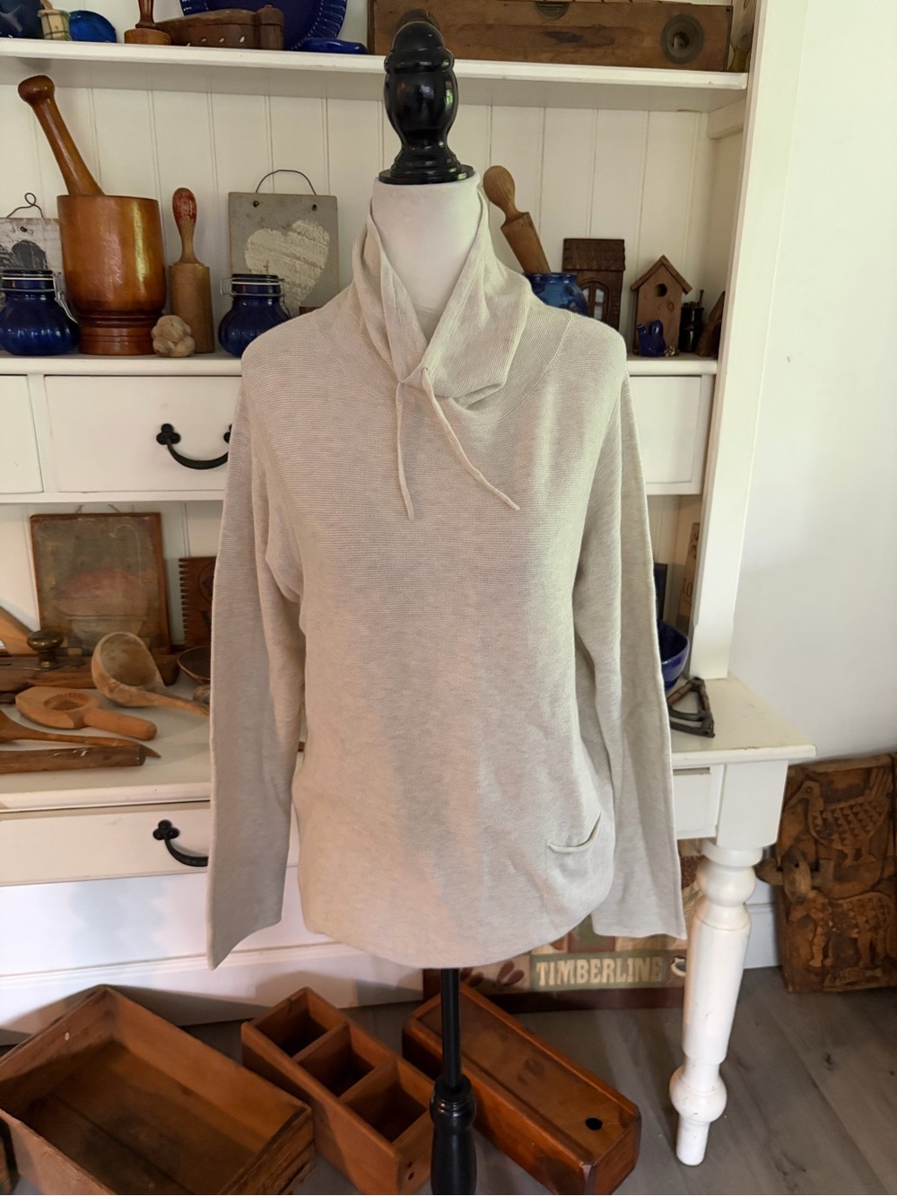 Oui Light Beige Drawstring Cowl Neck Sweater